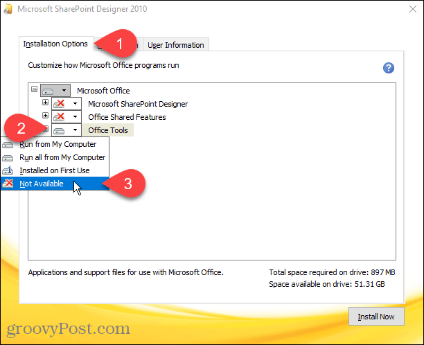 Selectați Nu este disponibil pentru toate modulele din instalarea Sharepoint Designer 2010