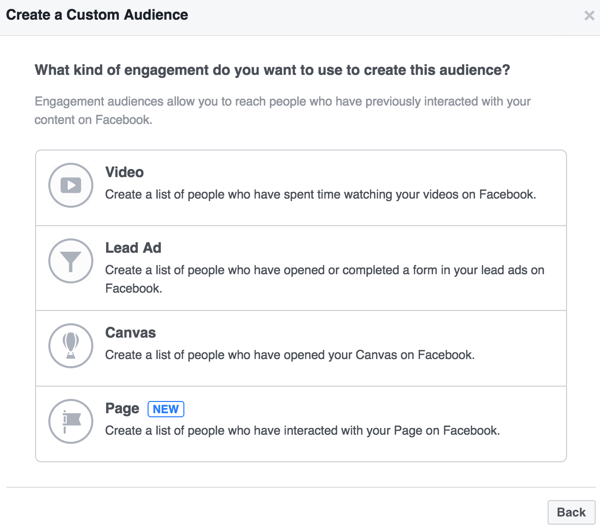 După ce faceți clic pentru a crea un public bazat pe o implicare, puteți defini publicul pe baza unei interacțiuni cu un videoclip, un anunț principal, o pânză sau o pagină.
