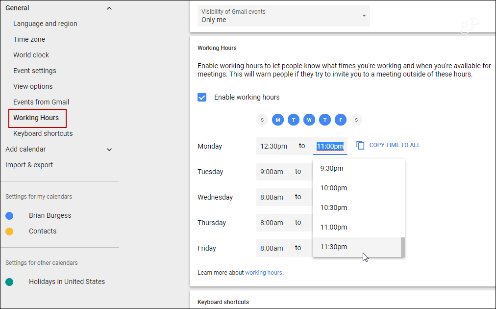 Setați ore de lucru pentru Google Calendar zilnic individual