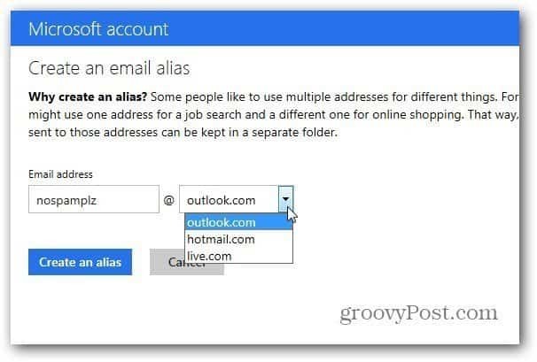 Caracteristica alias Outlook.com