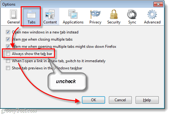 Opțiuni Firefox 4 Tab-uri și Afișați întotdeauna bara de taburi necherificată