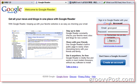 Pagina de conectare Google Reader:: groovyPost.com