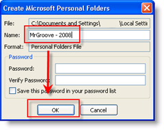 Denumiți fișierul dvs. .PST, selectați o parolă și faceți clic pe OK imagine:: groovyPost.com
