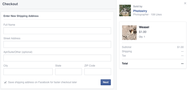 clientul introduce detaliile de expediere pentru prima achiziție pe Facebook