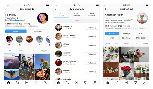 Exemple de modificări potențiale ale profilului dvs. Instagram.