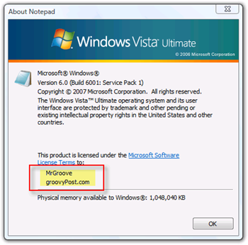 Proprietar de display și organizație pentru Windows Vista