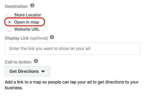 Opțiunea Deschideți în hartă selectată la nivel de anunț în Managerul de anunțuri Facebook
