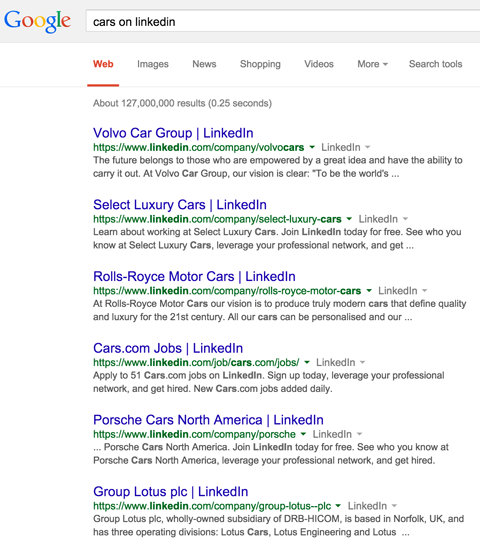Rezultatele paginii companiei linkedin în rezultatele căutării Google pentru mașinile de pe linkedin