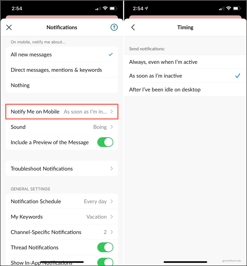 Cronometrare inactivă a notificărilor în Slack Mobile