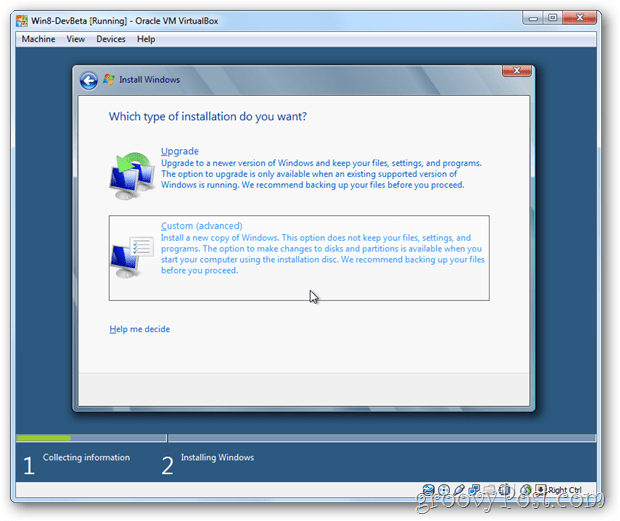 VirtualBox Windows 8 alege instalarea personalizată