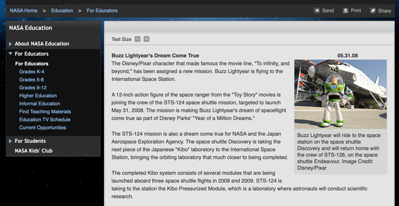 Articol NASA despre jucăria Buzz Lightyear în spațiu