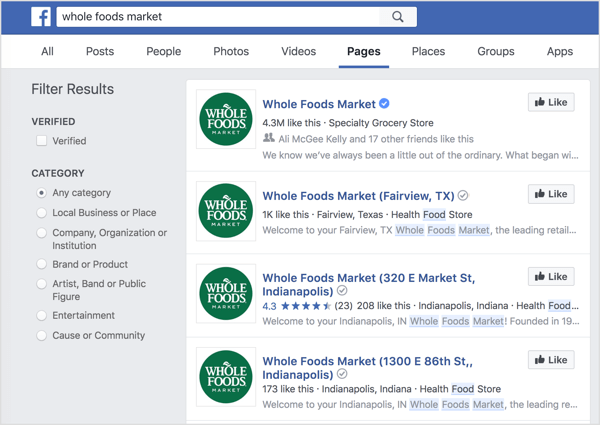 Paginile de locație individuale apar în căutarea pe Facebook.
