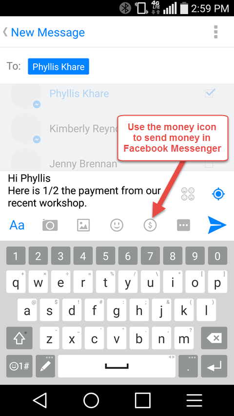 opțiunea de a trimite bani în Facebook Messenger