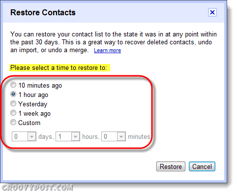 restaurați contactele gmail la o anumită dată