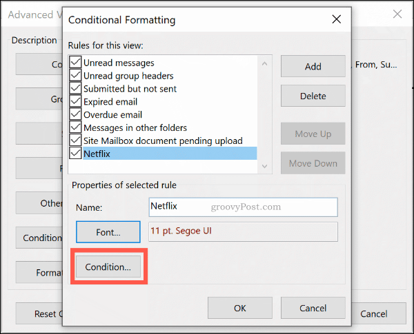 Butonul Condiții de formatare condiționată în Microsoft Outlook