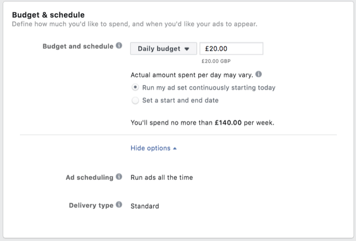 opțiuni de meniu pentru buget și programare cu un buget zilnic de ~ 24 USD pe zi și opțiunea de a difuza continuu setul de anunțuri