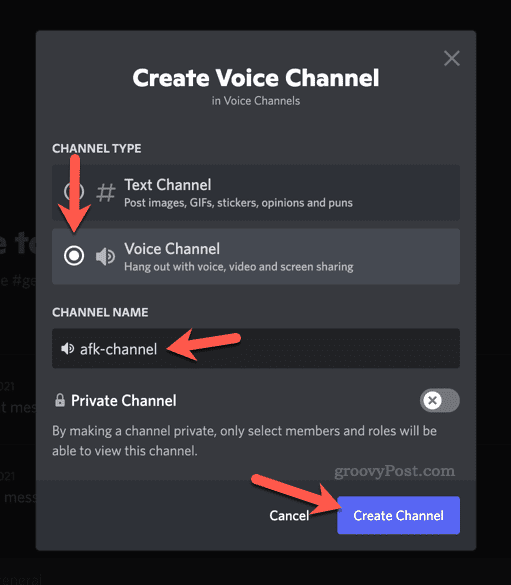 Setarea opțiunilor pentru un nou canal vocal pe Discord