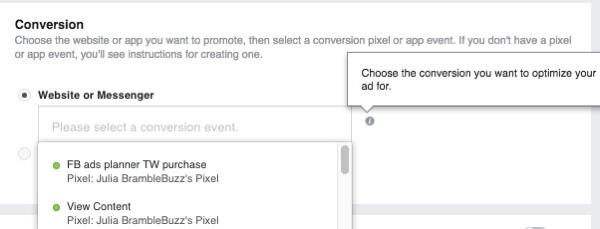 Când configurați o campanie publicitară de conversii pe site, selectați pixelul care va fi utilizat pentru a urmări conversiile.