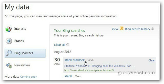 Istoricul căutărilor Bing