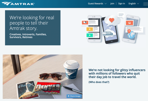 Cum să recrutezi influențatori sociali plătiți, exemplu al programului de rezidență social media Amtrak