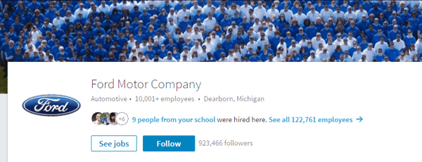 Pagina LinkedIn Ford Motor Company include imagini relevante și detalii actualizate.