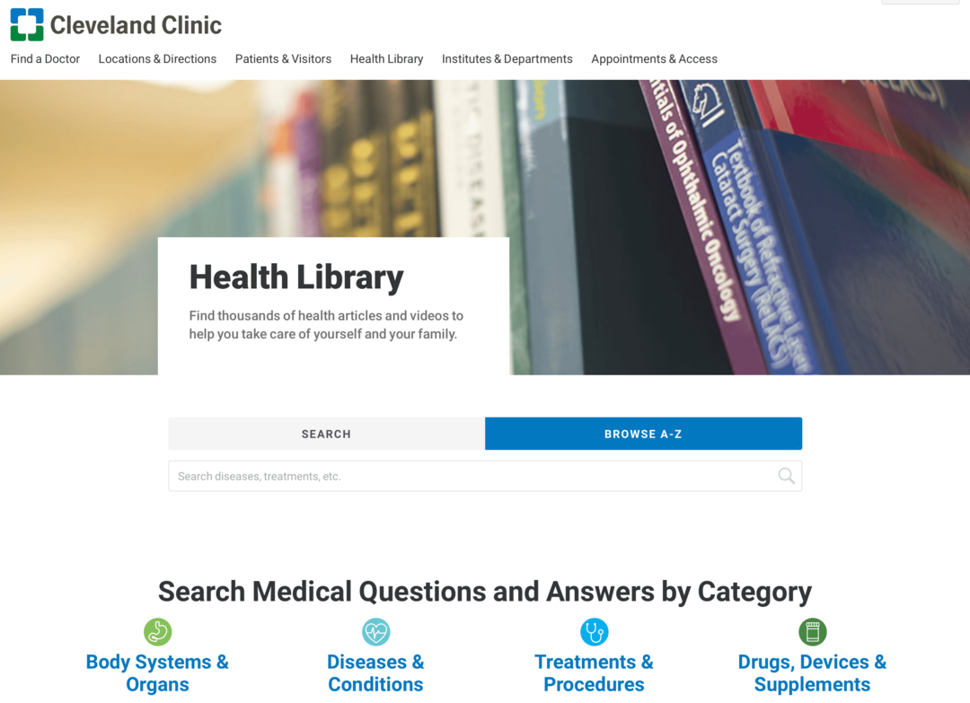 imagine a site-ului web a bibliotecii de sănătate a clinicii Cleveland