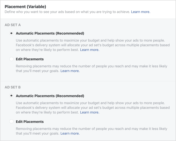 Setul de anunțuri A și Setul de anunțuri B pentru testul de divizare variabilă Facebook