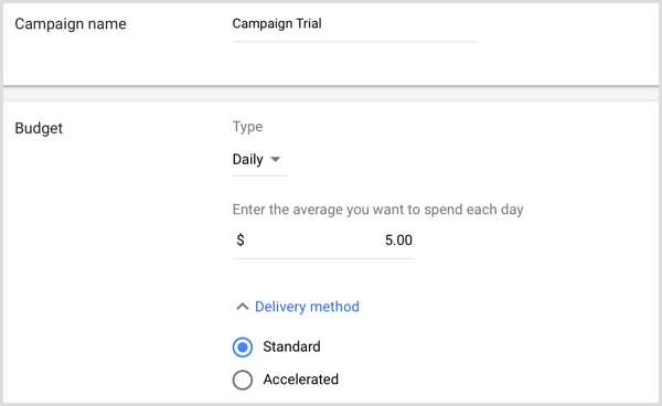 Adăugați numele și bugetul campaniei în Google AdWords.
