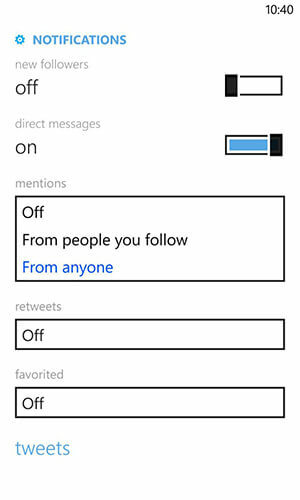 Windows Phone setări de notificare twitter
