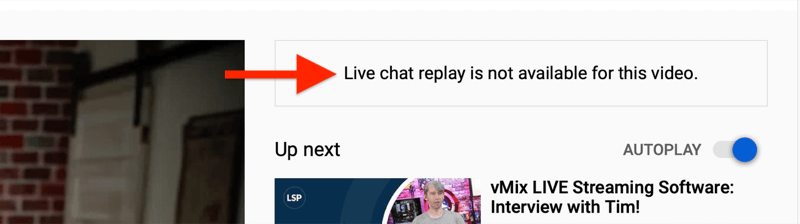 notă pentru videoclipurile de pe YouTube tăiate că reluarea chatului live nu este disponibilă
