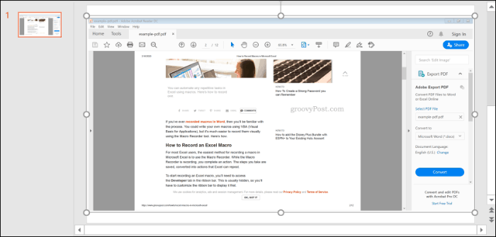 O captură de ecran a unui fișier PDF, introdusă în PowerPoint