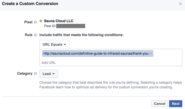 Creați o conversie personalizată bazată pe URL cu pagina dvs. de confirmare.
