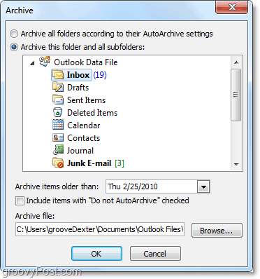 setări manuale de arhivă în Outlook 2010