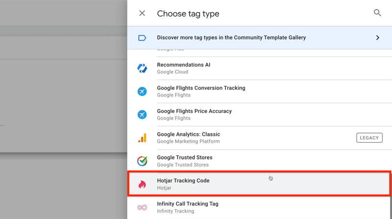 nouă etichetă Google Tag Manager cu opțiuni de meniu pentru tipul de etichetă cu cod de urmărire hotjar evidențiat