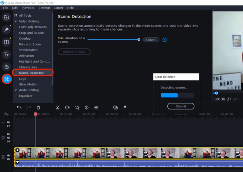 accesați funcția de detectare a scenei din Movavi Video Editor Plus