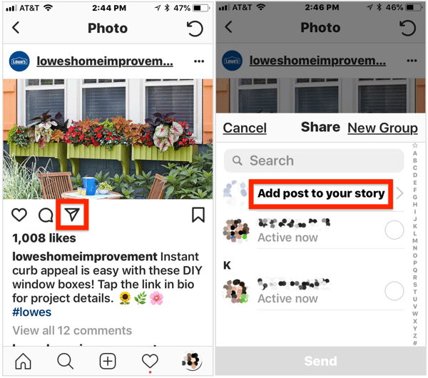 Pentru a adăuga o postare publică la povestea dvs. Instagram, deschideți postarea, atingeți pictograma avionului de sub imagine, apoi selectați Adăugați o postare la povestea dvs. din meniul pop-up.