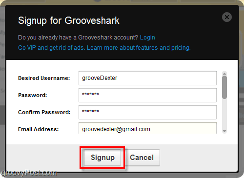 Procesul de înregistrare Grooveshark