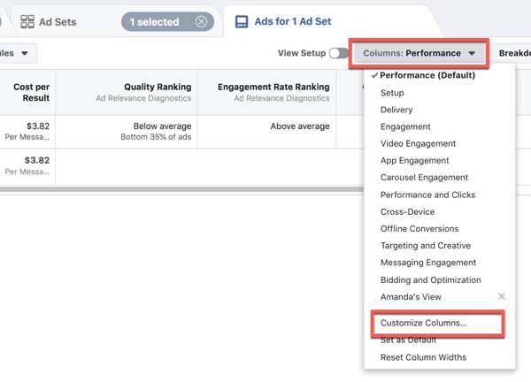 Personalizarea Managerului Facebook Ads pentru a personaliza coloanele.