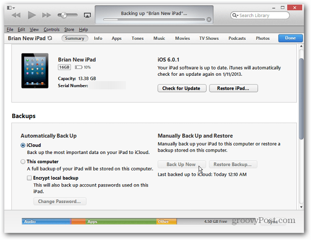 Backup iPad pe iTunes