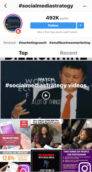 Cum să vă dezvoltați în mod strategic urmărirea Instagram, pasul 11, găsiți exemple relevante de postări, căutați exemple de videoclipuri „#socialmediastrategy”