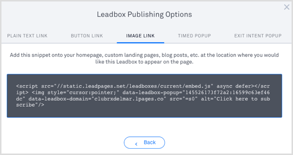 LeadPages leadbox publică codul 