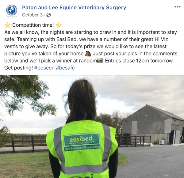 Exemplu de postare pe Facebook cu un concurs de la Paton și Lee Equine Veterinary Surger.