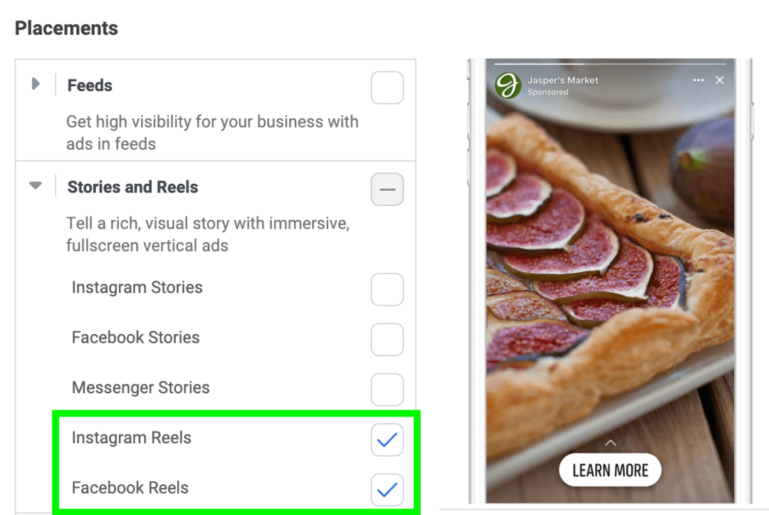 imagine a plasărilor de anunțuri Stories and Reels în Meta Ads Manager