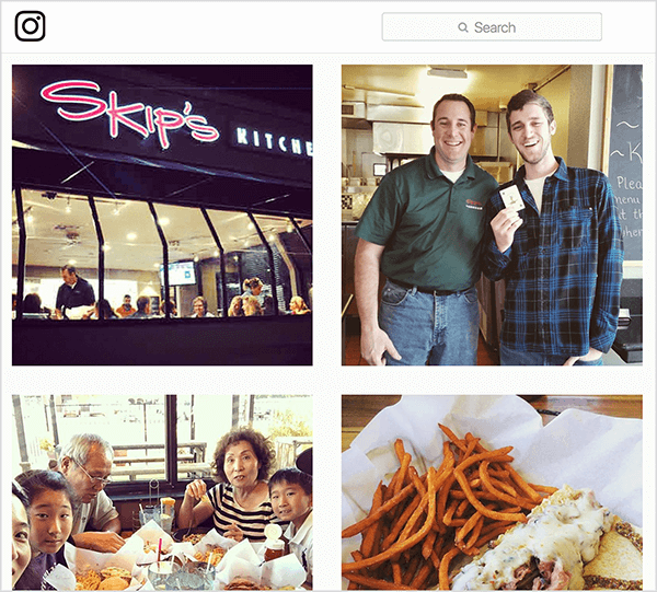 Aceasta este o captură de ecran a fotografiilor Instagram etichetate #skipsdiner. Unul arată exteriorul restaurantului, unul arată un bărbat care deține o carte de parcă ar fi câștigat jocul Joker, unul arată o familie mâncând la o masă și unul arată mâncarea pe care cineva a comandat-o. Jay Baer spune că jocul Joker este un exemplu de declanșator.