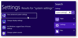 Căutare setări Windows 8