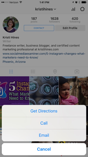 opțiuni de contact pentru profilul de afaceri instagram