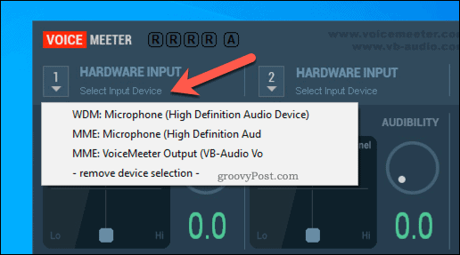 Selectarea unei opțiuni de intrare hardware VoiceMeeter