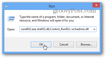 executați opțiuni de indexare din fereastra Run
