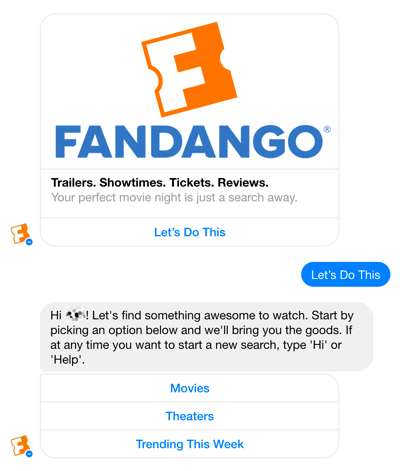 Chatbot-ul Facebook Messenger al Fandango ajută utilizatorii să-i îndrume pe selecții de filme.