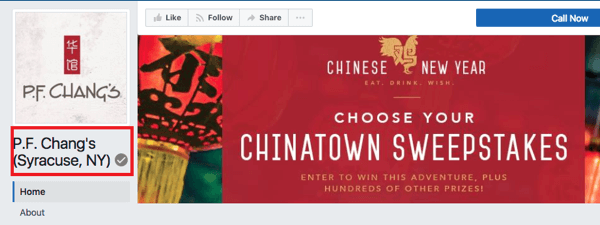 Locația PF Chang din Syracuse, NY are o insignă gri pentru a semnifica că este o pagină Facebook verificată.
